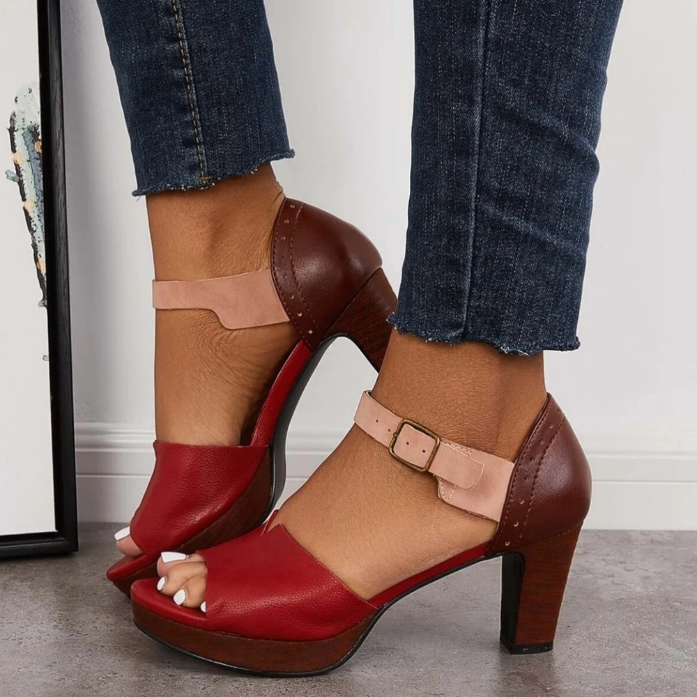Tinstree Chunky Block Heeled Sandals with Open Toe and Ankle Strap, Red Wine